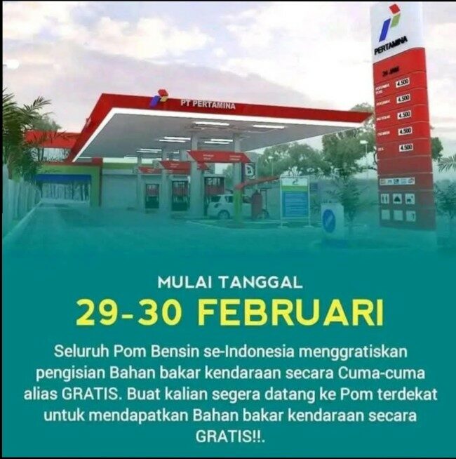 Hoaks Beredar, Klaim Pertamina Bagikan BBM Gratis pada 29 dan 30 Februari 2025 Bikin Heboh Masyarakat