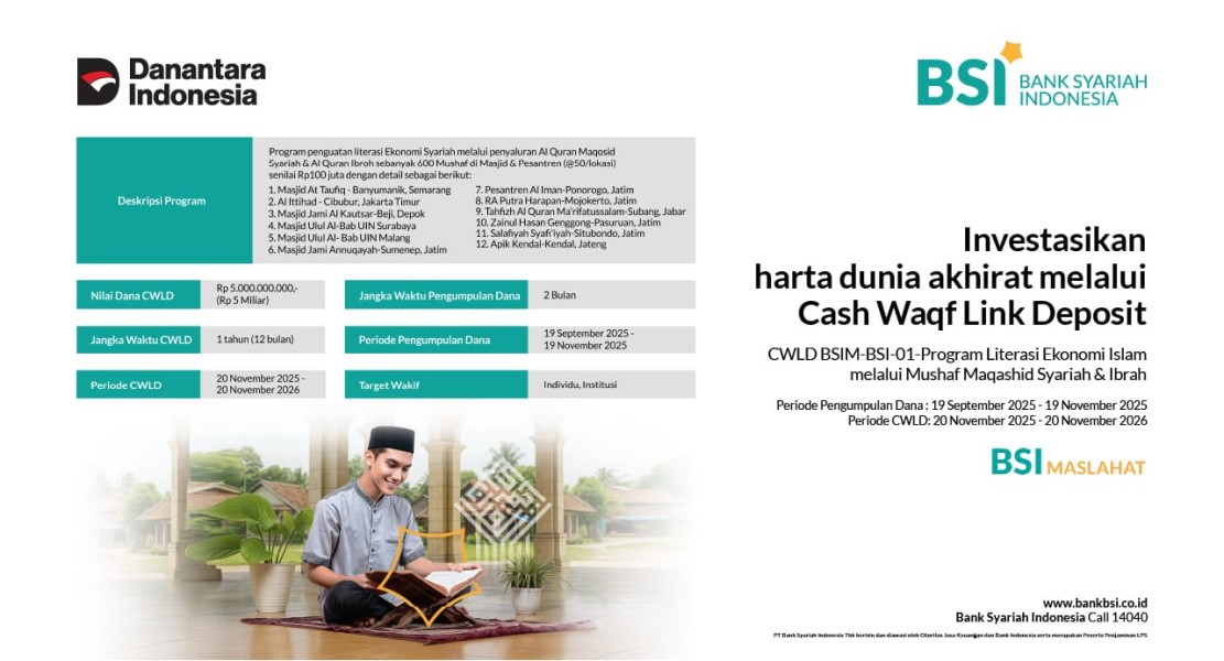 BSI, BSI Maslahat, dan Global Spirit of Ummah Kolaborasi Kembangkan Wakaf Uang Melalui CWLD