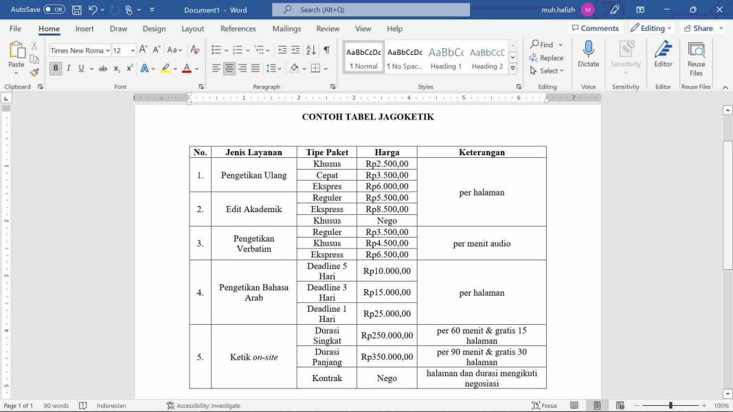 Tutorial Cara Membuat Tabel di Word dan Menambahkan Bidang