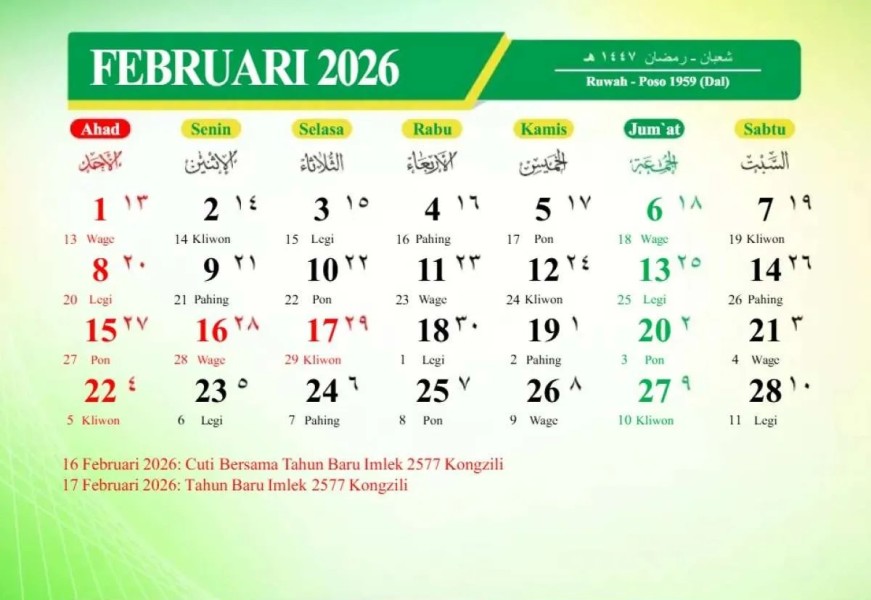 Kalender Februari 2026 dan Daftar Lengkap Tanggal Merah Imlek serta Awal Puasa Ramadhan