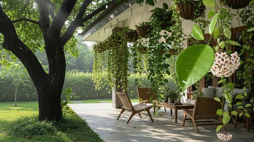 9 Inspirasi Teras Rumah Adem dengan Kombinasi Pohon dan Tanaman Gantung