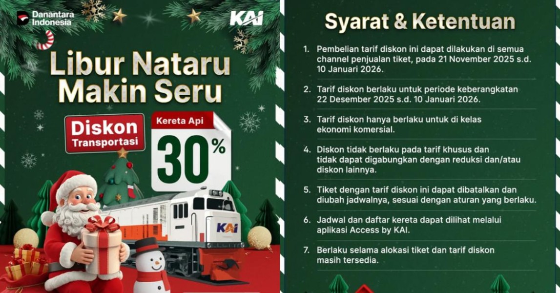 Simak Panduan Mendapatkan Diskon Tiket Kereta 30 Persen Libur Natal dan Tahun Baru 2026